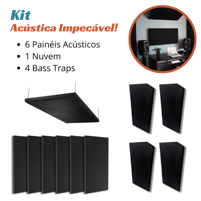 Kit Acústica Impecável - 6 Painéis Acústicos, 1 Nuvem e 4 Bass Traps